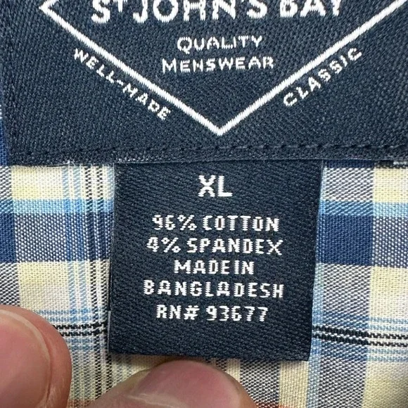 St Johns Bay Button Down Shirt Adult XL Blue Yellow Plaid Comfort Flex Mens NEW
